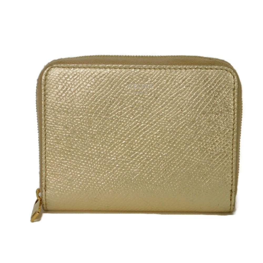 CELINE セリーヌ ラミネーテッド コンパクト ジップ ウォレット 箔押し エンボス グレイン カーフ ラウンドファスナー コンパートメント カードケース 小銭入れ 財布 新ロゴ メタリックゴールド コインケース 10B663BG5.35OR