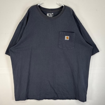 古着 カーハート Carhartt 半袖Tシャツ フェード 肉厚 ワンポイント ロゴ 胸ポケ クルーネック XL ネイビー系 無地 メンズ