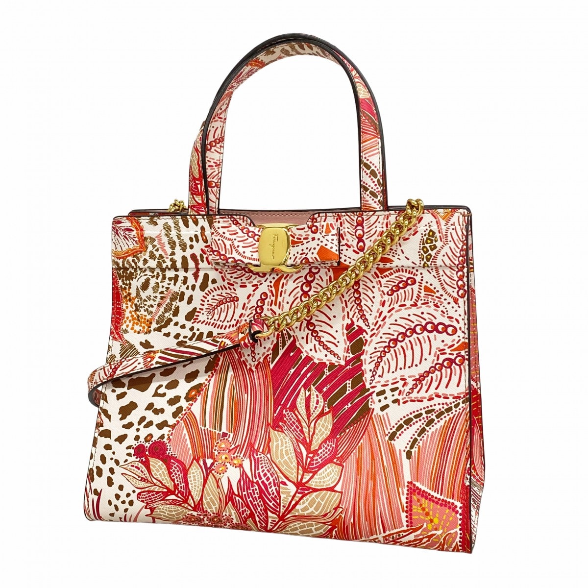 【6db1557】サルヴァトーレフェラガモ ハンドバッグ ヴァラ レザー ホワイト マルチカラー ゴールド金具 2wayバッグ【中古】レディース