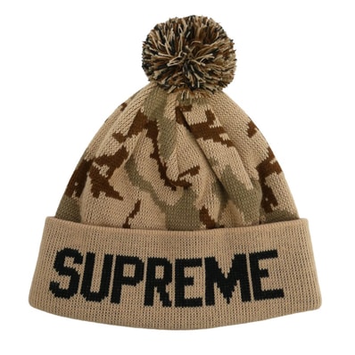Supreme シュプリーム 12AW Camo Beanie カモ柄 ポンポン付 カフ ビーニー カモフラ デザートカモ ニット キャップ 帽子 ブラウン系【美品】【中古】