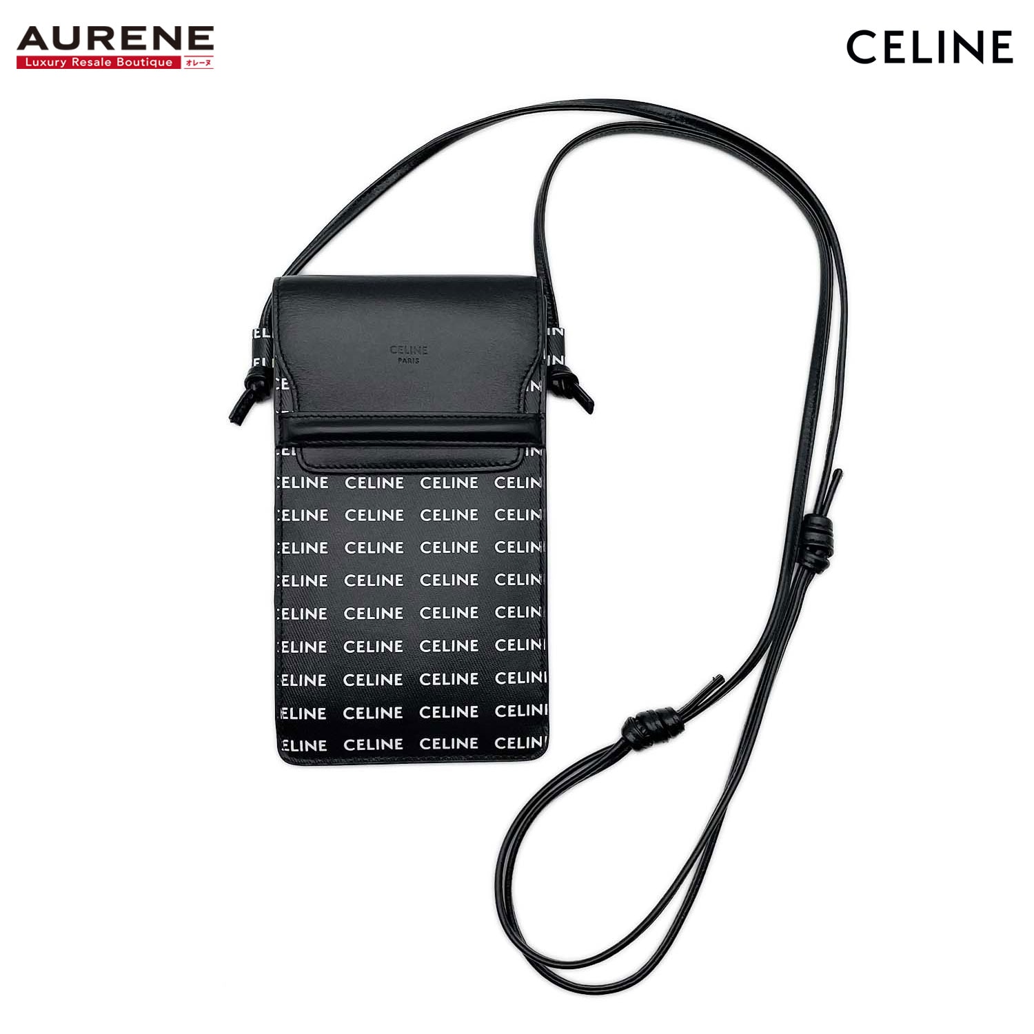 CELINE セリーヌ フォンポーチ フラップ付き ショルダーバッグ
 ロゴ 総柄 レザー PVC ブラック ユニセックス
 【中古】