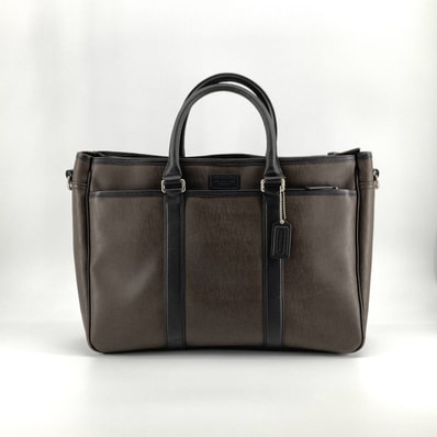 COACH(コーチ) ブリーフケース 2WAY ショルダーストラップ付 PVCコーティングキャンバス / カーフレザー トートバッグ ダークブラウン×ブラック