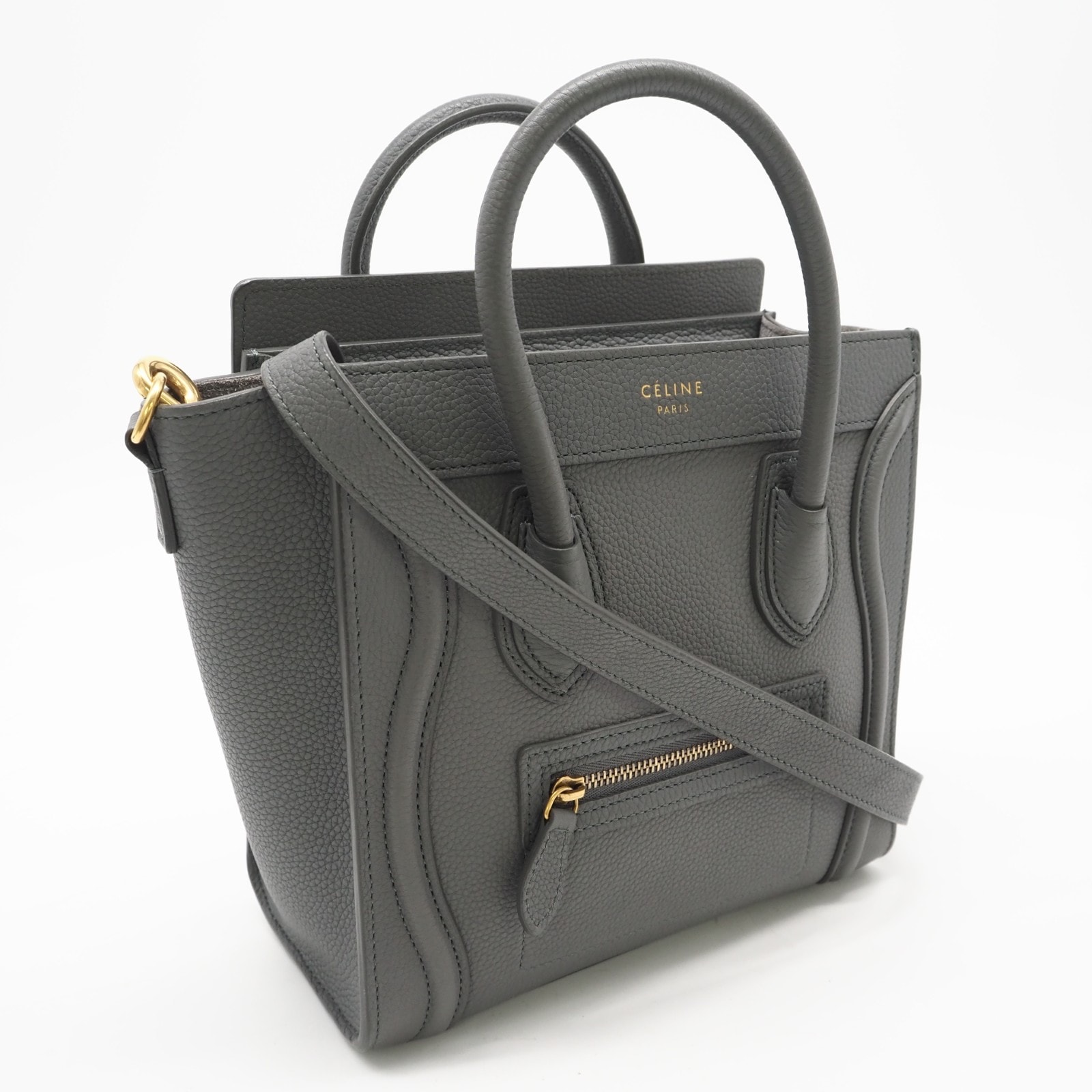 美品 CELINE セリーヌ ラゲージ ナノショッパー 189243AQL 2wayハンドバッグ グレー カーフレザー レディース
