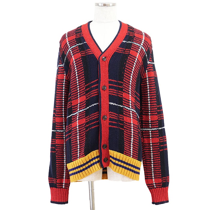 【美品】GUCCI グッチ ニットカーディガン メンズ サイズ L タータンチェック ウール × アルパカ ローゲージ Vネック ロングスリーブ 長袖 トップス アウター レッド ネイビー イエロー 紺 赤 黄 イタリア製