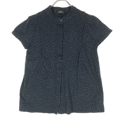 A.P.C. アーペーセー 日本製 ドット柄 半袖 ノーカラーシャツ S ネイビー系