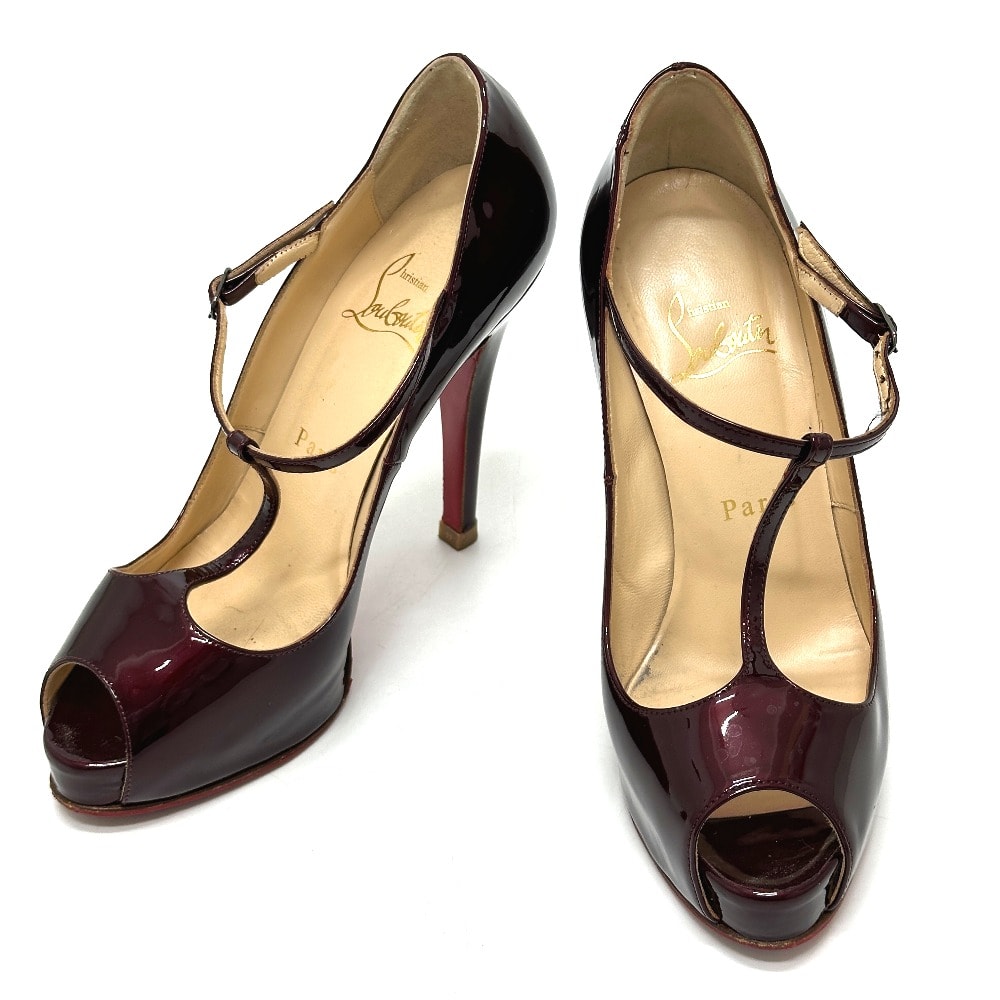 クリスチャンルブタン Christian Louboutin オープントゥ パンプス エナメル ワインレッド