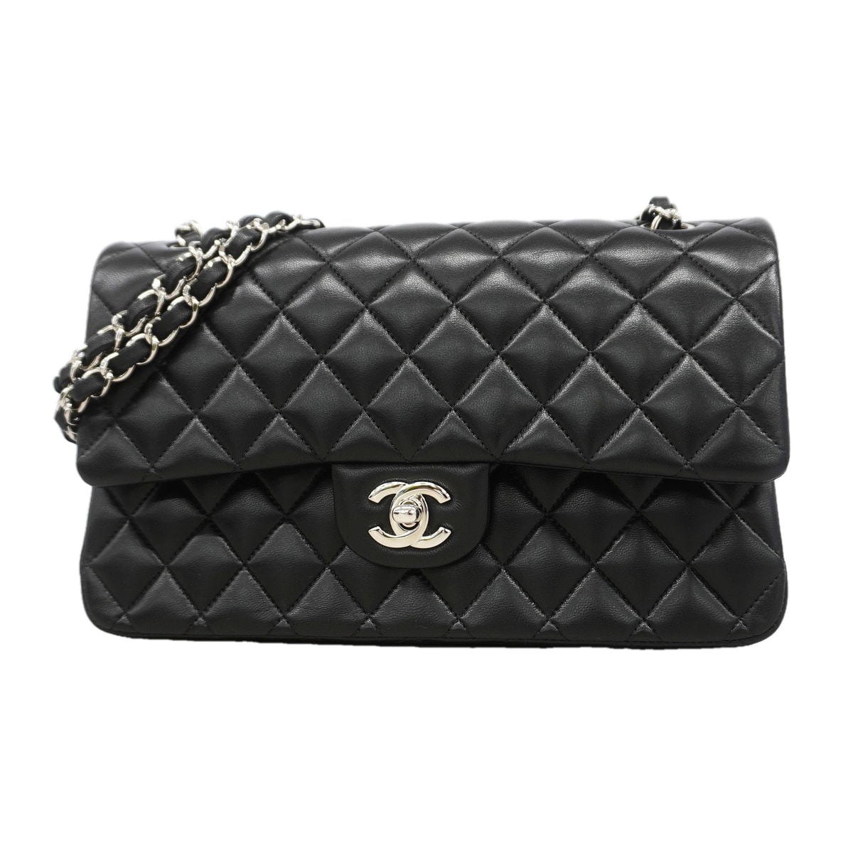 【6kd3391】シャネル ショルダーバッグ マトラッセ Wフラップ Wチェーン ラムスキン ブラック シルバー金具【中古】レディース