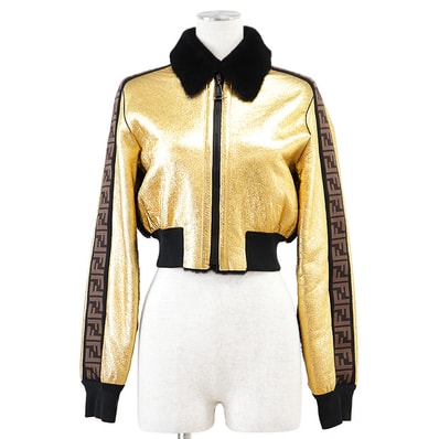 【美品】FENDI フェンディ レザージャケット 2019年製 メタリック リバーシブル ズッカ FFロゴ ROMA エンブロイダリー 刺繍 メタリック ラムレザー ボア 短丈 ブルゾン アウター レディース 36 ゴールド ブラック 金 黒 伊製