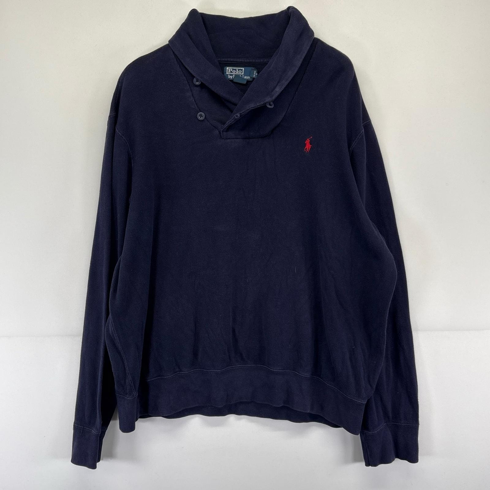 古着 ポロバイラルフローレン Polo by Ralph Lauren ニット ワンポイント ショールカラー トレーナー スウェット 2XL  ネイビー系 メンズ
