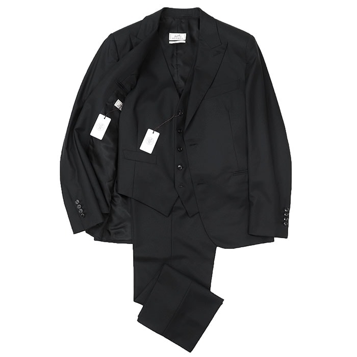 【新品同様】HERMES エルメス スーツ スリーピース サイズ 50 メンズ ジャケット テーラード ピークドラペル 2B フルライニング 総裏仕立て ベスト スラックス ウール100% スーツ ブラック 黒 イタリア製 A9310