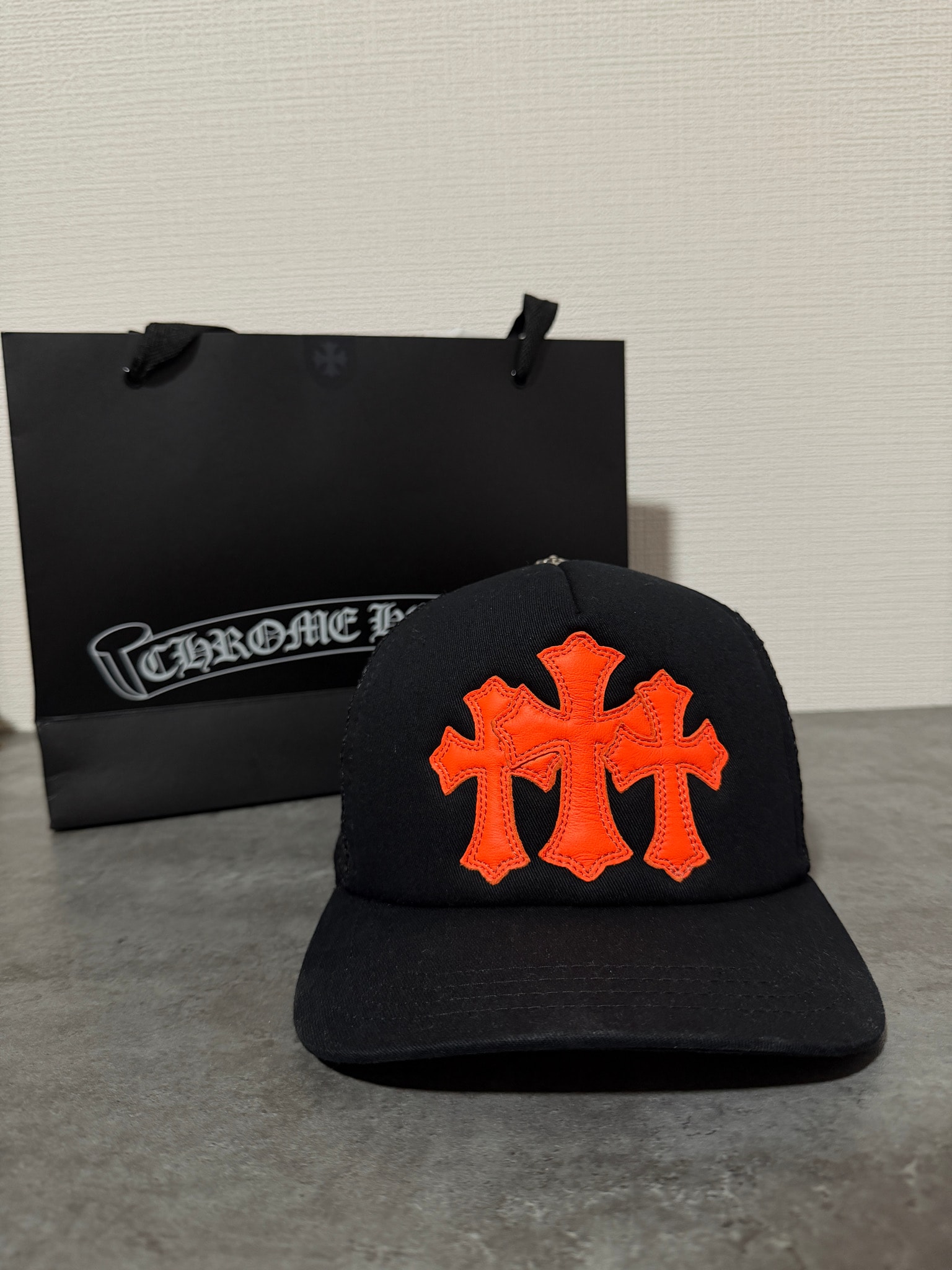 Chrome Hearts 3 Cemetery Leather Patch Mesh Tracker Cap "Black/Orange"