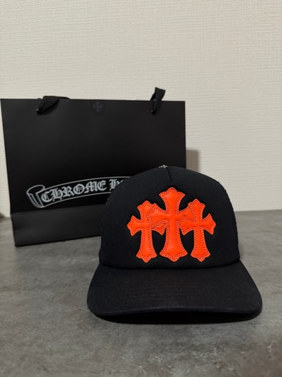 Chrome Hearts 3 Cemetery Leather Patch Mesh Tracker Cap "Black/Orange"