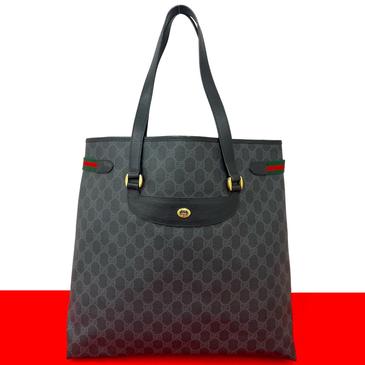 GUCCI グッチ シェリーライン GG ロゴ 金具 レザー PVC トートバッグ ブラック
 26695