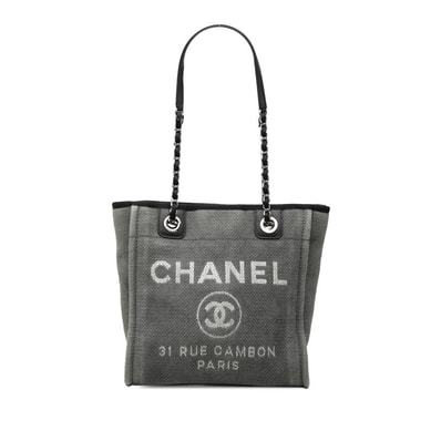 シャネル ドーヴィルPM チェーン トートバッグ ショルダーバッグ グレー ブラック キャンバス レザー レディース CHANEL 【中古】