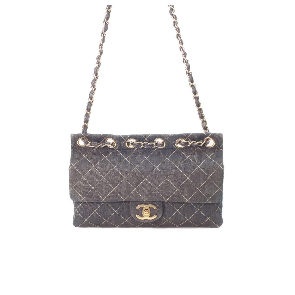 シャネル 10番 ネイビー インディゴ スパークリングデニム ゴールド金具 マトラッセ ダブルチェーンショルダーバッグ W25