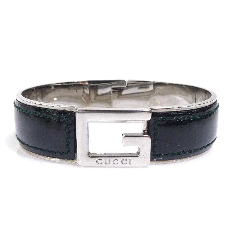 グッチ GUCCI バングル ブレスレット Gロゴ メタル/パテントレザー シルバー/ブラック ユニセックス【中古】 e61856a