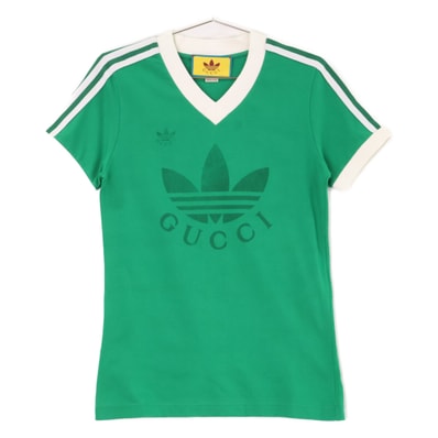 グッチ xadidas アディダス【国内正規】693636 ロゴプリント Vネック 半袖Tシャツ S
