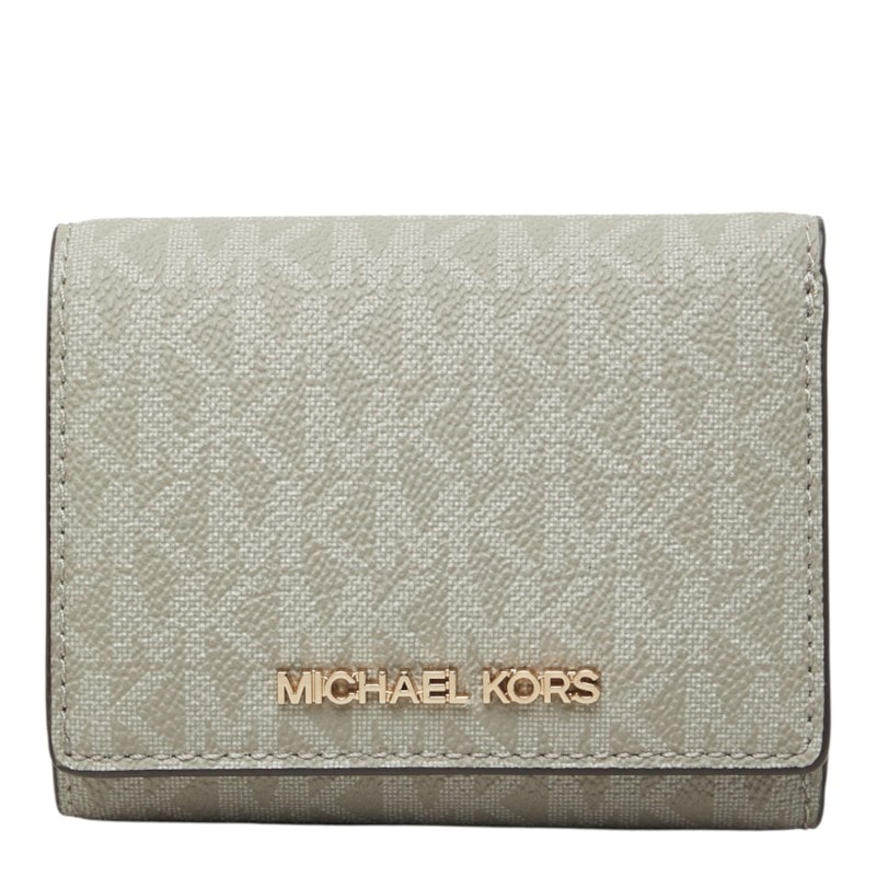 マイケルコース MKシグネチャー コンパクト ウォレット ミディアム 三つ折り財布 グレー PVC レザー レディース Michael Kors 中古