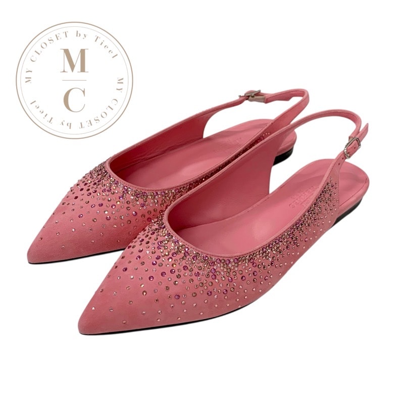 エルメス HERMES フラットシューズ 靴 シューズ スエード ピンク 未使用 スリングバック ラインストーン