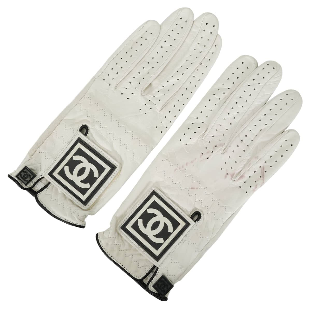 CHANEL シャネル 手袋 ゴルフ ドライビング スポーツライン ココマーク 手袋 白 (ホワイト)/黒 (ブラック) #6.5 カーフスキン SAランク【中古】