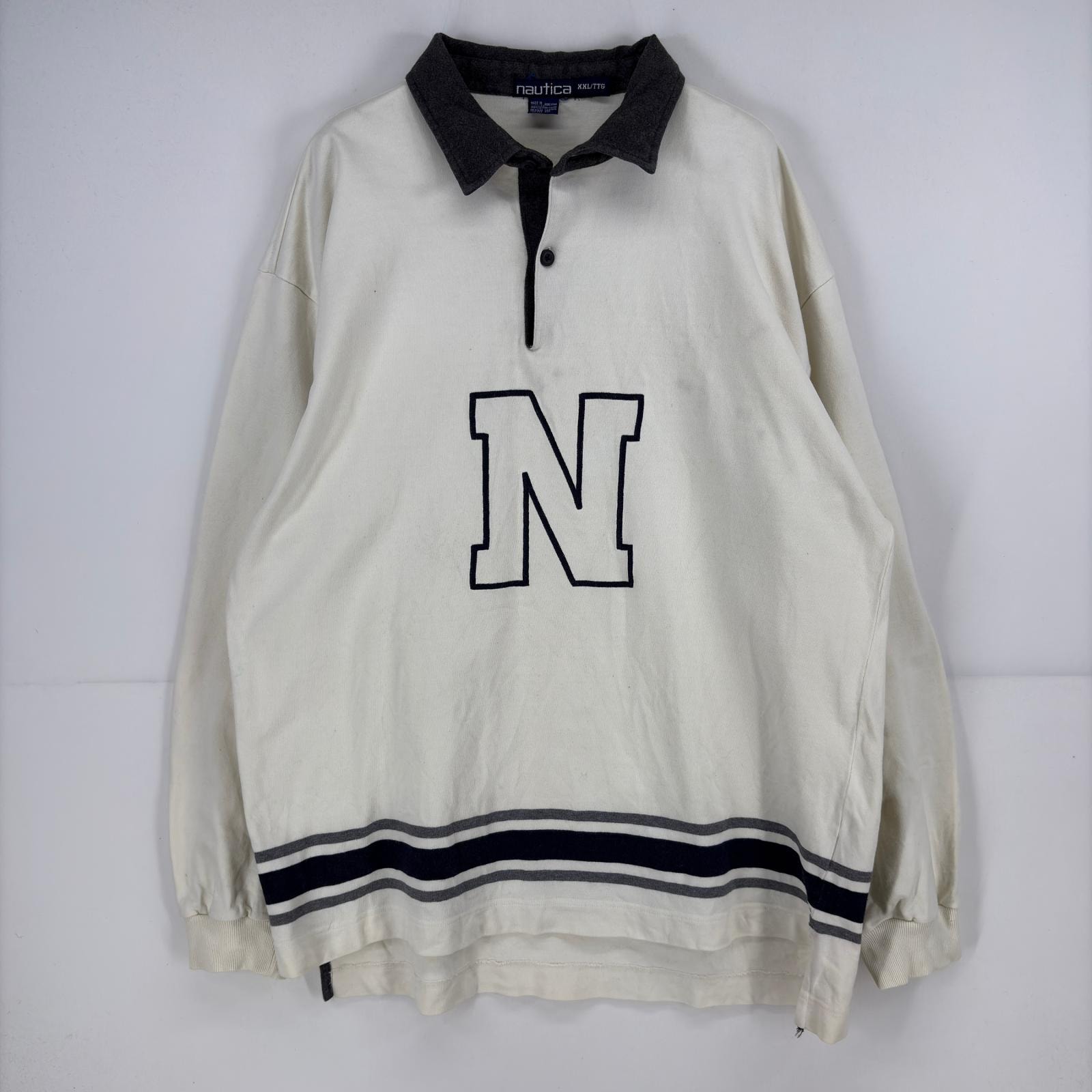 古着 90's/90年代 ノーティカ NAUTICA 長袖シャツ 大きいサイズ ビッグロゴ ラガーシャツ  2XL  ホワイト メンズ