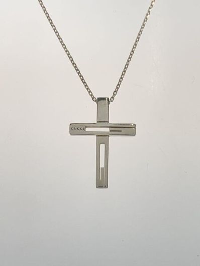 GUCCI G Motif Cross Necklace "Silver"