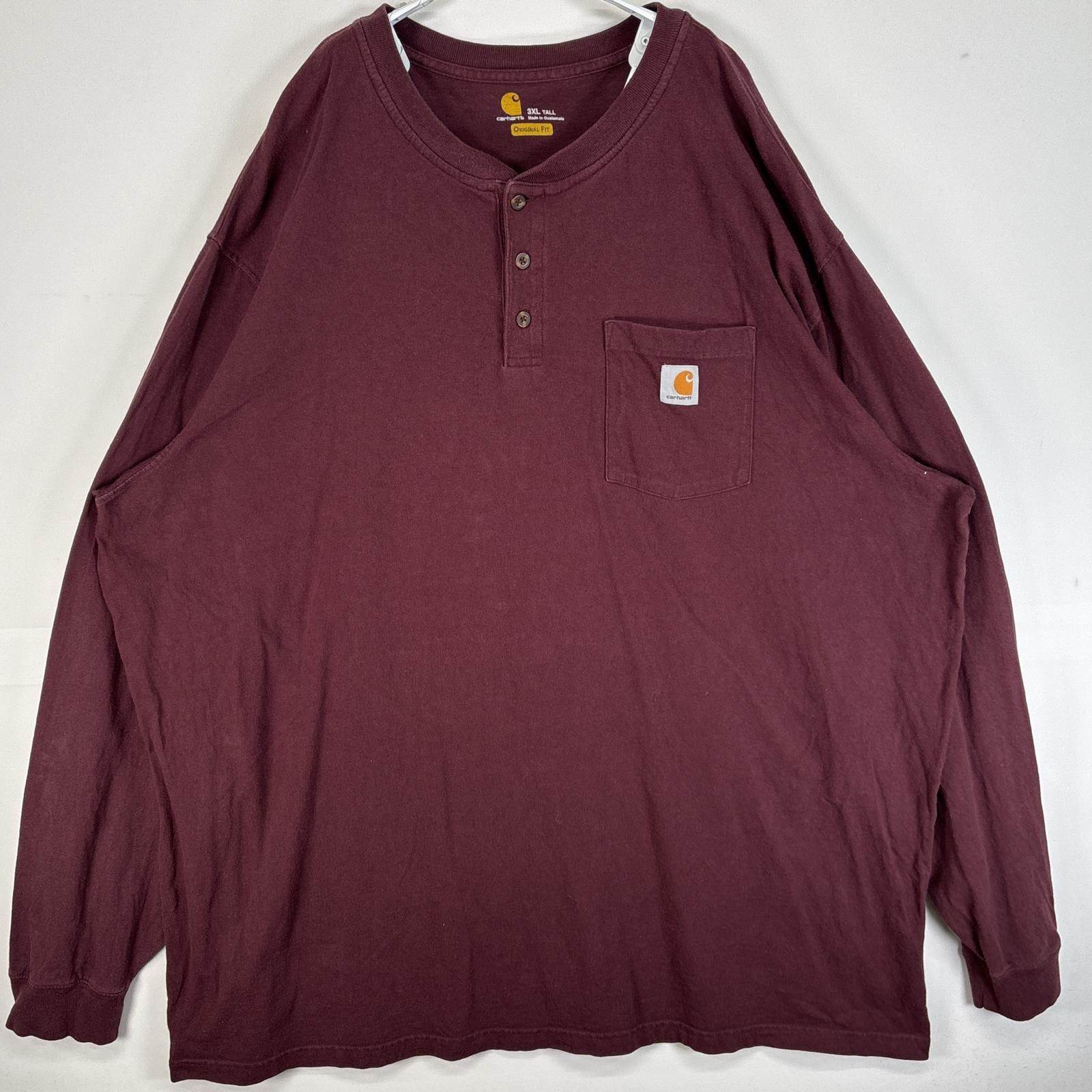 古着 カーハート Carhartt 長袖Tシャツ ヘンリーネック 胸ポケ ワンポイント ロゴ 大きいサイズ 肉厚 3XL  ワインレッド 無地 メンズ