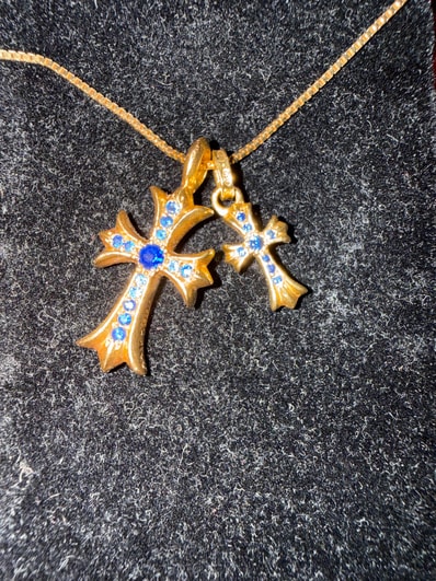 Chrome Hearts 22K Tiny Fat Cross Pave Sapphire Pendant Necklace Top "Yellow Gold/Blue"