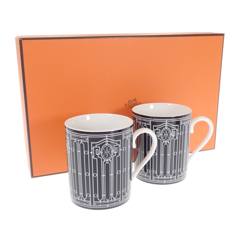 エルメス HERMES アッシュデコ ペアカップ 2客セット 食器 洋食器 マグカップ ポーセリン ブラック【中古】【Sランク】