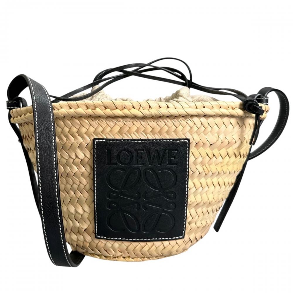 LOEWE ロエベ ショルダーバッグ ドローストリング かごバッグ 斜め掛け A223222X01 ラフィア カーフ ブラック 黒 シルバー金具 レディース【中古品】