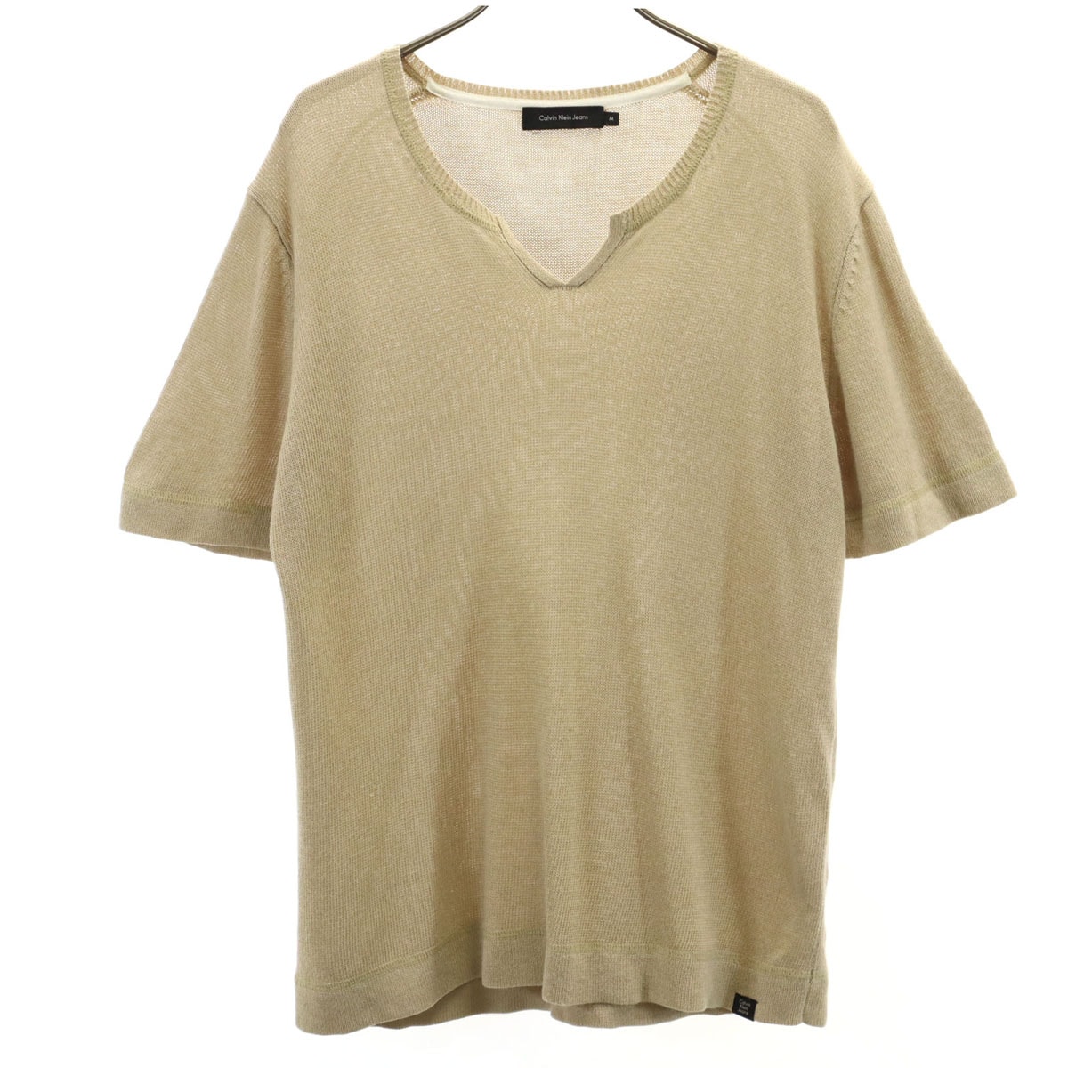 Calvin klein Jeans カルバンクラインジーンズ リネンブレンド 半袖 スキッパーカラー ニット M ベージュ
