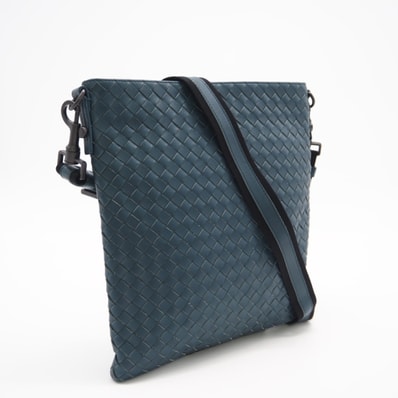 美品 BOTTEGAVENETA ボッテガヴェネタ イントレチャート小 レザー ショルダーバッグ 577534 VBOC6 ショルダーバッグ グリーン カーフレザー メンズ