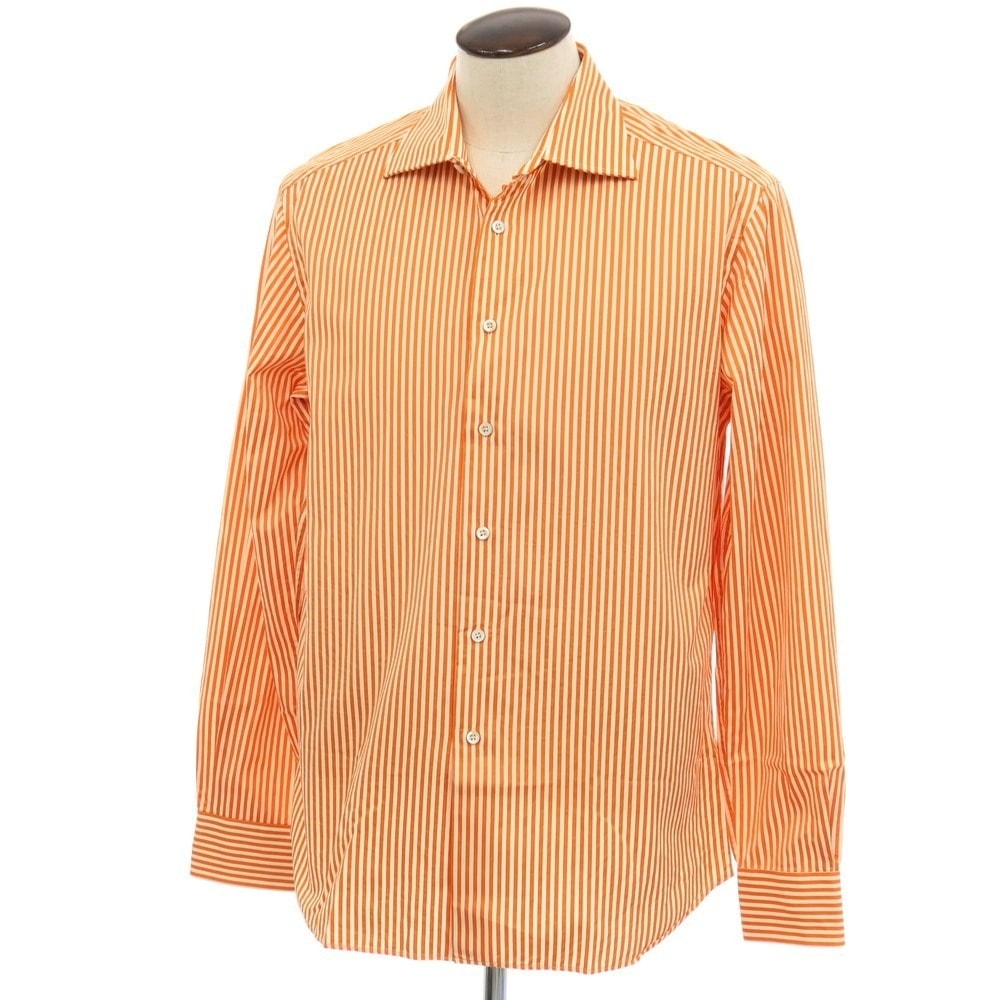 【中古】プラダ PRADA コットン ストライプ バッグプリント セミワイドカラー カジュアルシャツ オレンジxオフホワイト【サイズ42】【メンズ】