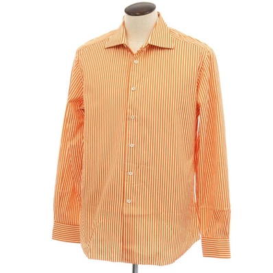 【中古】プラダ PRADA コットン ストライプ バッグプリント セミワイドカラー カジュアルシャツ オレンジxオフホワイト【サイズ42】【メンズ】