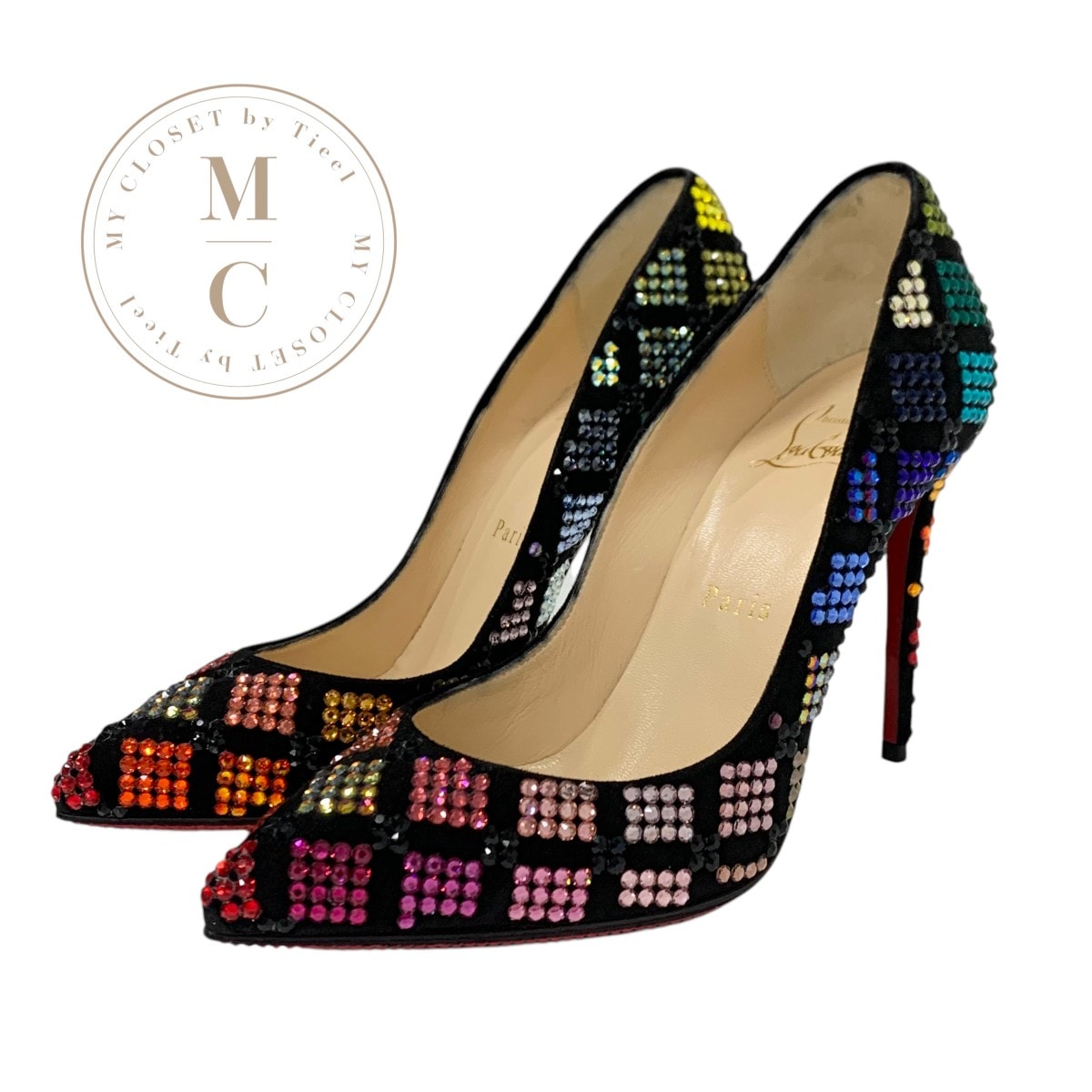 クリスチャンルブタン Christian Louboutin デコルテ パンプス 靴 シューズ スエード スワロフスキー ブラック マルチカラー ラインストーン