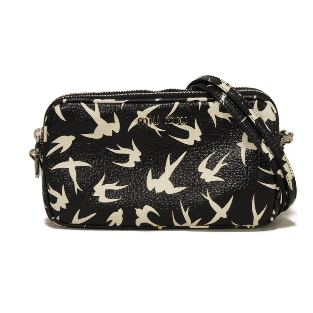 MIUMIU ミュウミュウ ツバメ ポシェット バード 総柄 ゴートレザー ホワイト ブラック ショルダーバッグ 5ZH011