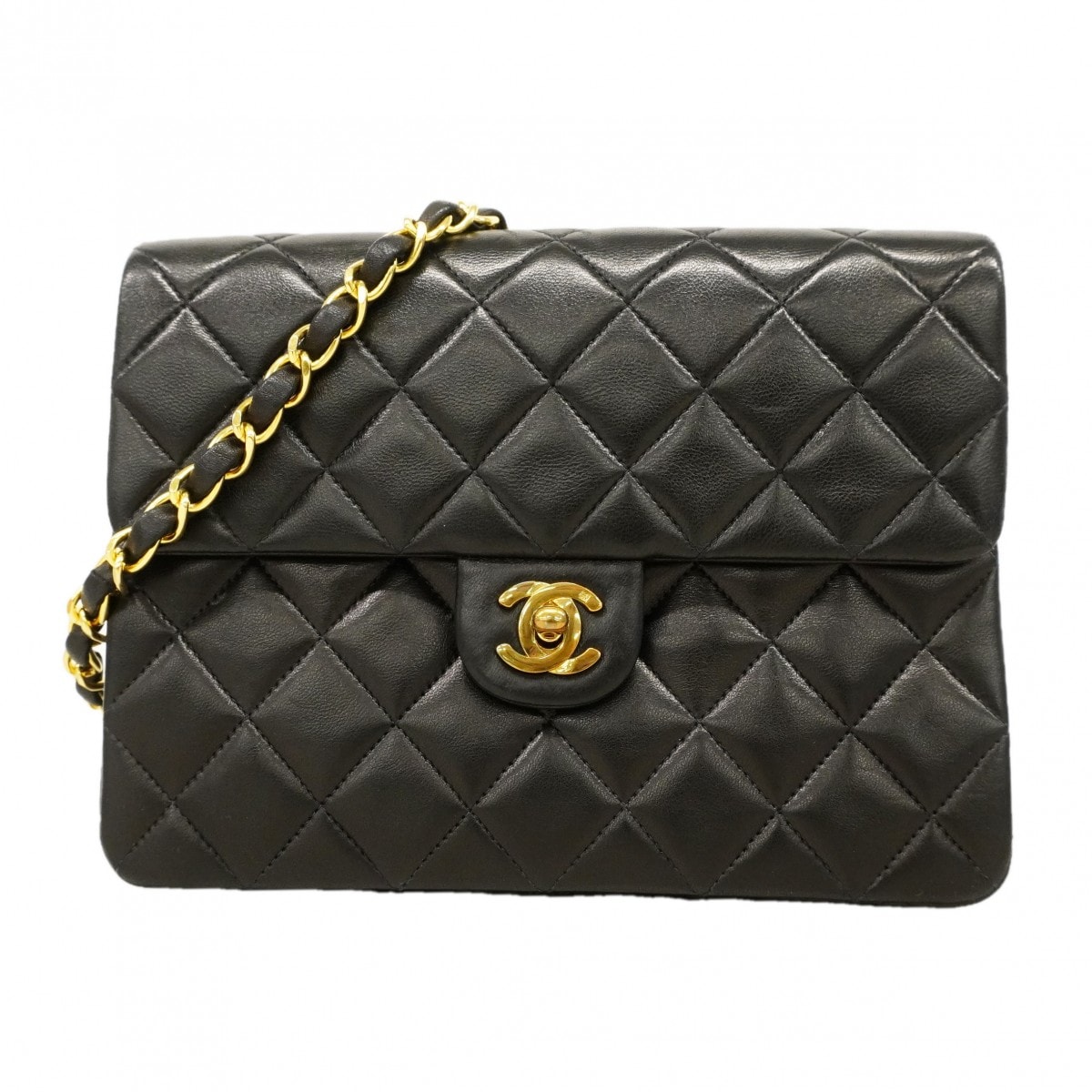 【6db2130-k】シャネル ショルダーバッグ ミニマトラッセ Wチェーン ラムスキン ブラック ゴールド金具【中古】レディース