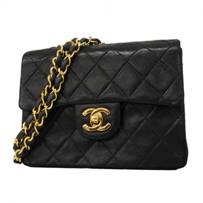 【6dc3195】シャネル ショルダーバッグ ミニマトラッセ チェーンショルダー ラムスキン ブラック ゴールド金具【中古】レディース