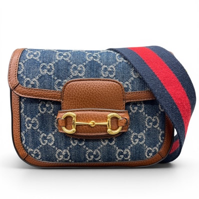 GUCCI 希少 極美品 グッチ ホースビット 1955 スモール ショルダーバッグ デニム 658574 デニム レザー ブルー ブラウン ショルダーストラップ2本付属 クロスボディ ウェブ GGプラス Aランク 中古 鑑定済 グッチバッグ
