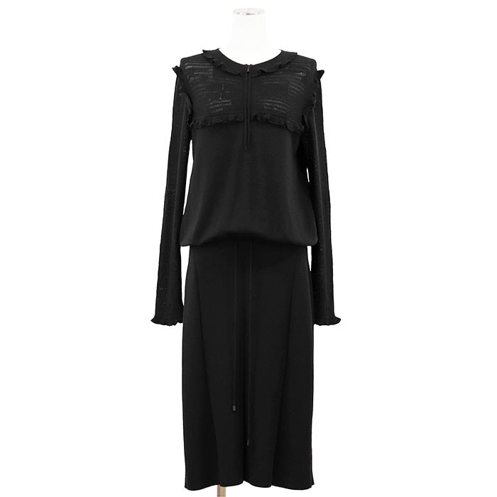 CHANEL シャネル ニットドレス カシミヤ/シルク レディース 38 2016年製 16B P54855 COCOマーク ロゴ ウエストドローストリング ハイゲージ フリル ハーフジップ ギャザー ワンピース 共糸/ボタン付属 ブラック 黒 イタリア製
