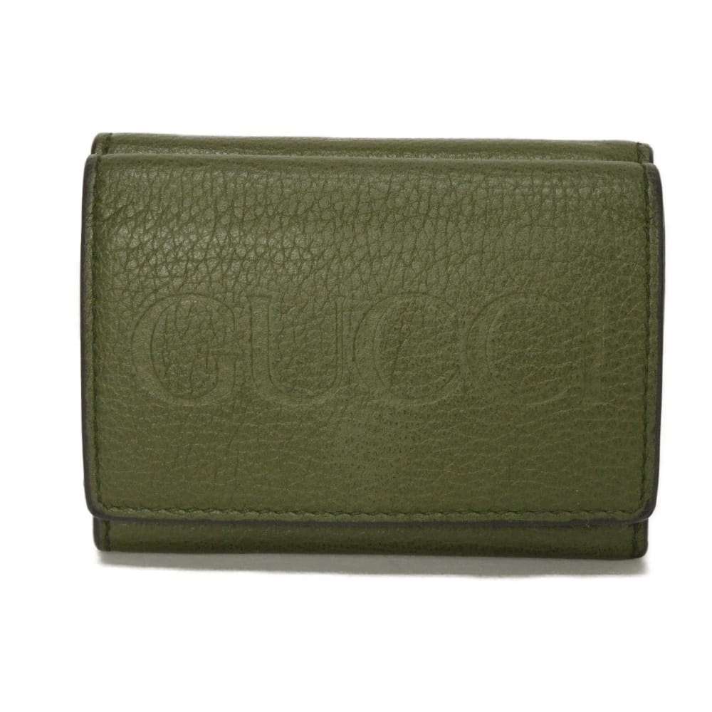 GUCCI グッチ ロゴ エンボス ミニ ウォレット シボ カーフ カーキ スナップボタン 札入れ カードケース コインケース 財布  フォレストグリーン 三つ折り財布 736151 0E8IG 3352