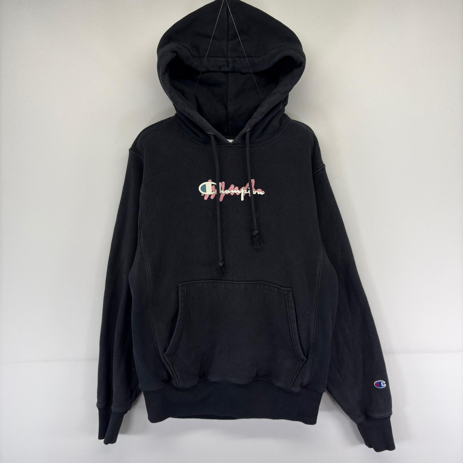 古着 チャンピオン Champion パーカー プルオーバー ロゴ スウェット リバースウィーブ S  ブラック系 プリント メンズ
