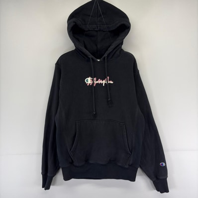 古着 チャンピオン Champion パーカー プルオーバー ロゴ スウェット リバースウィーブ S ブラック系 プリント メンズ