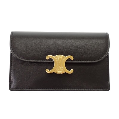 セリーヌ CELINE トリオンフフラップ付き ロングカードホルダー 10P073DPV.38NO コインケース カーフ ブラック ゴールド金具 レディース【中古】【Aランク】