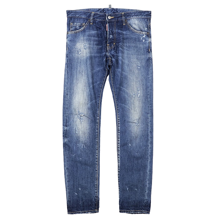 【SALE】DSQUARED2 ディースクエアード デニムパンツ サイズ 48 メンズ ジーンズ ダメージ加工 ウォッシュ シグネチャー ロゴ レザーパッチ メタルプレート ボタンフライ ボトムス インディゴ イタリア製