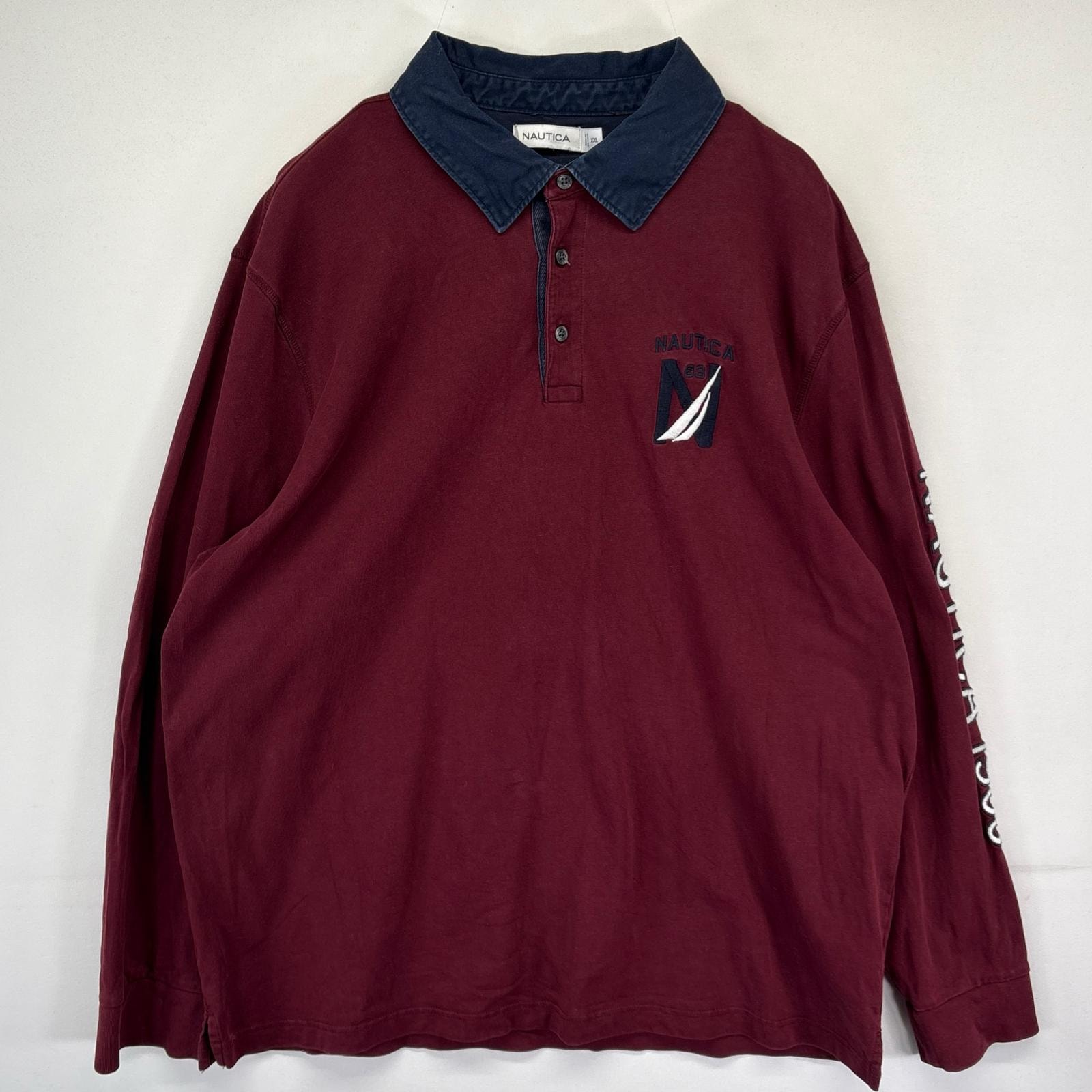 古着 ノーティカ NAUTICA 長袖 ラガーシャツ ワンポイントロゴ刺繍 袖ロゴ プルオーバー 大きいサイズ 2XL バーガンディ系 メンズ