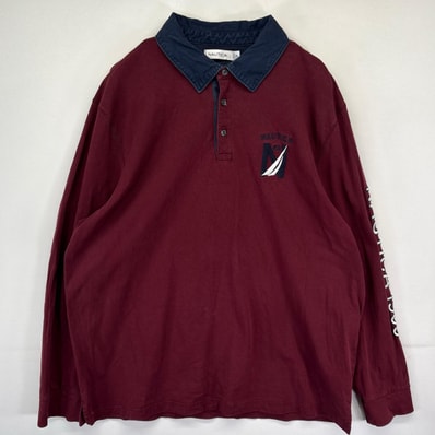 古着 ノーティカ NAUTICA 長袖 ラガーシャツ ワンポイントロゴ刺繍 袖ロゴ プルオーバー 大きいサイズ 2XL バーガンディ系 メンズ