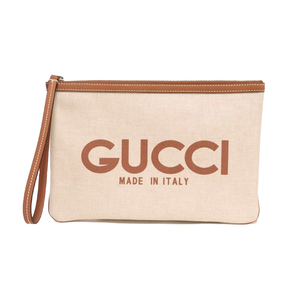 GUCCI グッチ ロゴ プリント ポーチ キャンバス ライトブラウン リストストラップ セカンドバッグ 未使用 GGスプリーム コットンリネン ナチュラル クラッチバッグ 777165 FACUL 8451