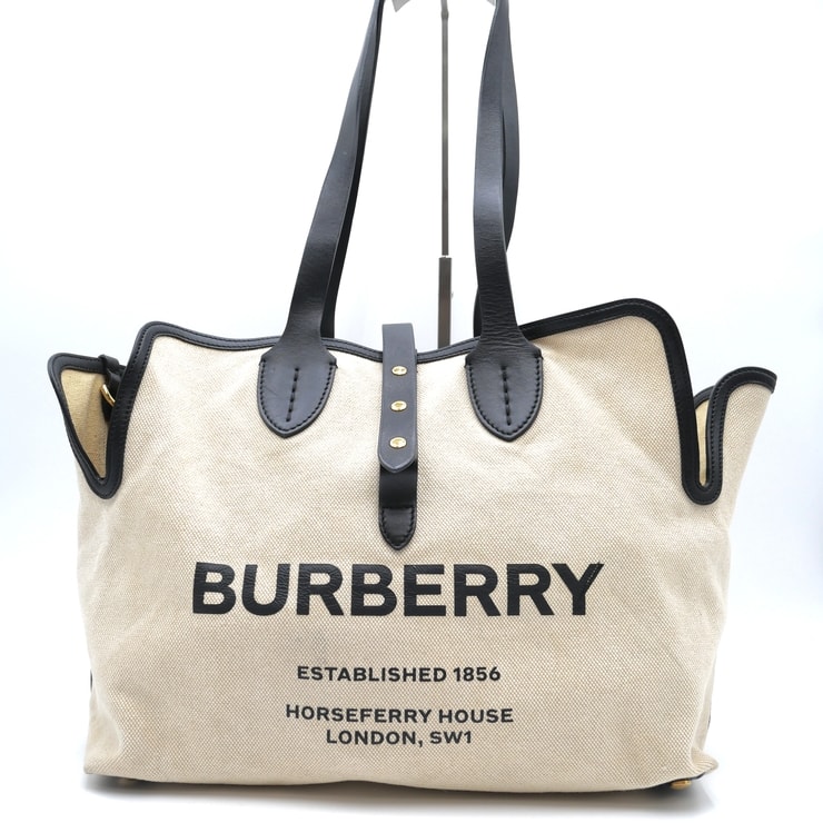 BURBERRY(バーバリー)ホースフェリー ソフトベルト トートバッグ ショルダーバッグ キャンバス ベージュ ブラック レザー ロゴプリント ゴールド金具 ポーチ付き レディース【中古】