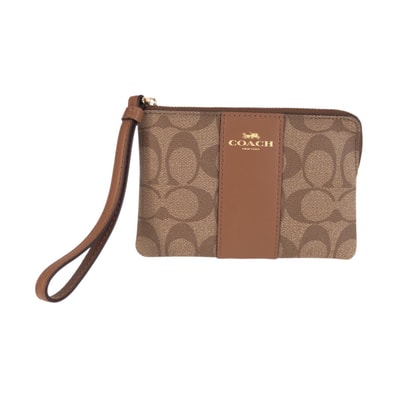 美品 COACH コーチ シグネチャー ブラウン ゴールド金具 PVC リストレットポーチ コインケース 603647 【中古】
